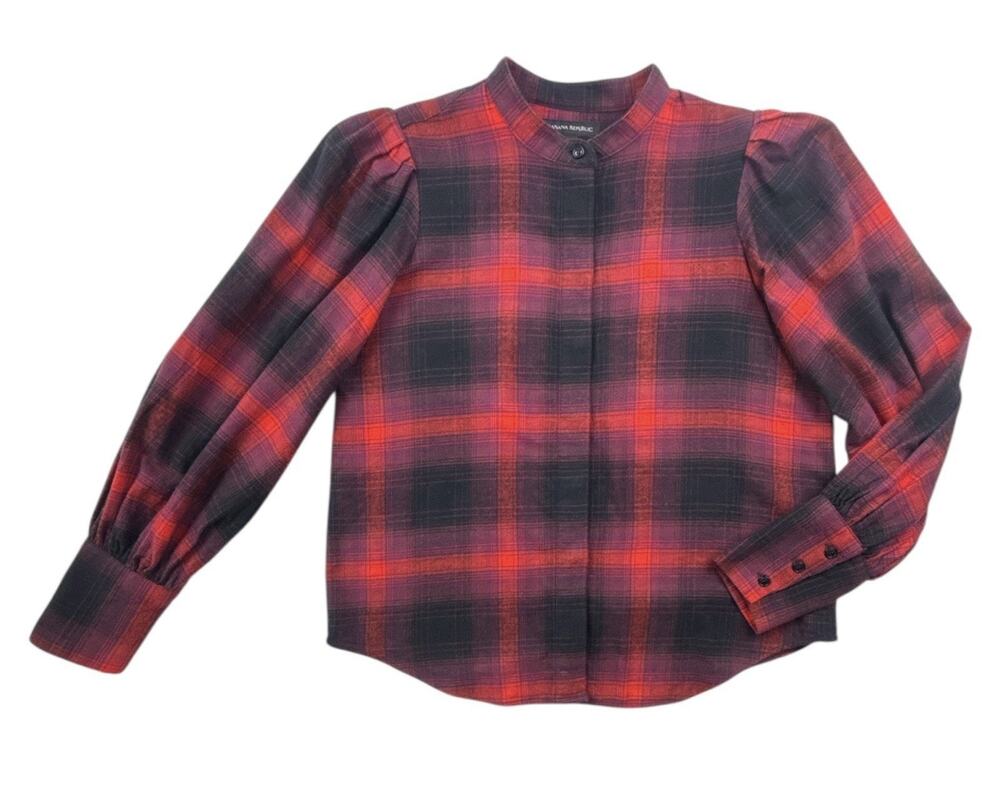 Banana Republic Blouse Organic Cotton Flannel Bishop-Sleeve Red Black Plaid XS